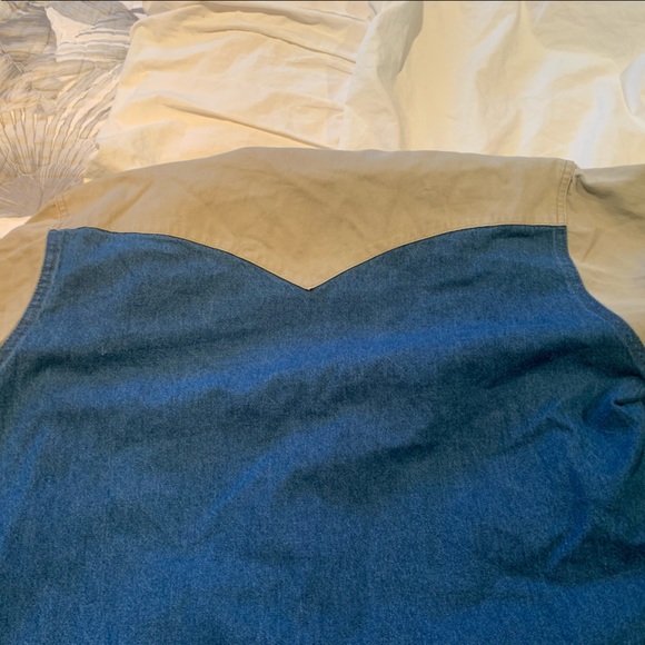 Wrangler Vintage Denim and Khaki Contrast Sleeve Pearl Snap Western Shirt - Picture 5 of 6